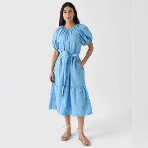 Never A Wallflower Blue Gathered Dress with Floral Accents